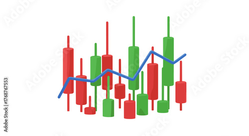 Dynamic 3D rendering of a stock market candlestick chart with a blue trend line, showcasing fluctuating prices with red (down) and green (up) candles against a stark black background, symbolizing