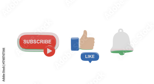 Engaging 3D social media icons: a vibrant red subscribe button with a play icon, a blue thumbs-up like button, and a white notification bell, isolated on a black background, perfect for digital