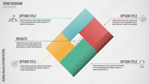 Professional 4-part diamond-shaped Venn diagram or puzzle infographic template for business presentation, data analysis, and results.