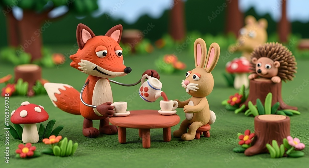 Fototapeta premium The Elegant Clay Tea Party in the Garden! A Fancy Teapot and Cheerful Sugar Cube Have a Delightful Afternoon with Smiling Teacups in a Bloom-Filled Miniature Park: A Sweet, Relaxing, and Educational 