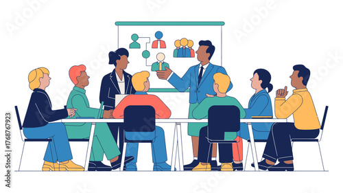 Diverse team collaborating in a modern office meeting room with a presenter at the whiteboard discussing strategy