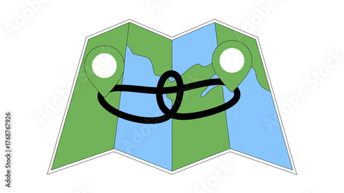 Colorful folded paper map with two orange location pins connected by a black dotted line indicating a journey