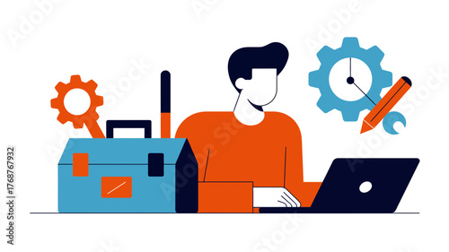 Man working on laptop with toolbox and gears symbolizing engineering and technical support services