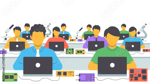 Diverse group of students engaged in a technology workshop learning coding and digital skills on laptops