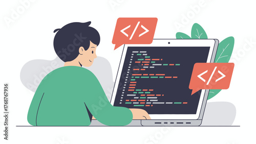 Young person focused on coding on a laptop computer with programming symbols in speech bubbles above