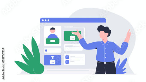 Man interacting with a digital interface representing a website or application with user profiles and content cards