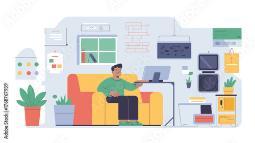 Man working on laptop from comfortable armchair in a well lit room with plants and modern decor