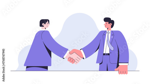 Two businessmen in suits shaking hands in a modern office setting signifying agreement and partnership success