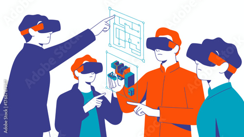 Diverse group of people wearing virtual reality headsets interacting with a digital interface in a futuristic setting