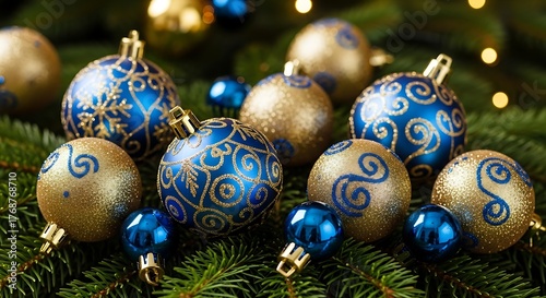 Elegant blue and gold christmas ornaments on fir branches
