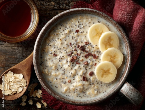 bowl of vegan protein overnight oats with almond butter, chia seeds, cacao nibs and banana slices, bright daylight, rustic wooden table