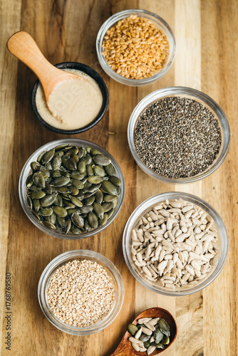 Assorted Bowls with Mixed Seeds (flaxseed, chia, sesame, pumpkin, and sunflower seeds)