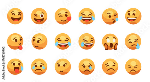 A vibrant collection of diverse emoji faces showcasing a wide spectrum of human emotions and expressions, rendered in a glossy 3D style against a stark black background, perfect for digital
