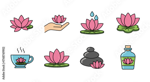 Collection of stylized lotus flower icons and symbols representing wellness, spa, and tranquility, including a lotus on a water lily pad, a hand holding a lotus, a lotus with falling water drops, a