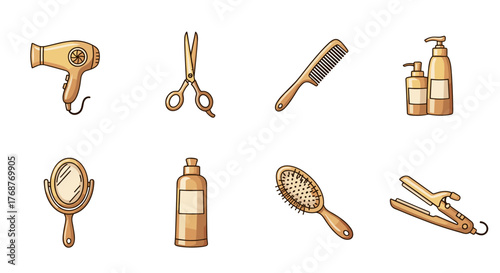 A collection of golden hair salon and barber shop tools and accessories, including a hairdryer, scissors, comb, hairbrush, mirror, shampoo and conditioner bottles, and a flat iron, all isolated on a