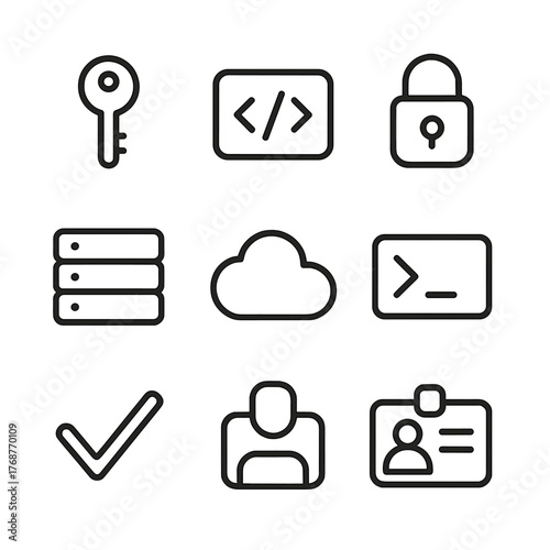 Cybersecurity icons: key, lock, cloud, database, code, id, user, checkmark
