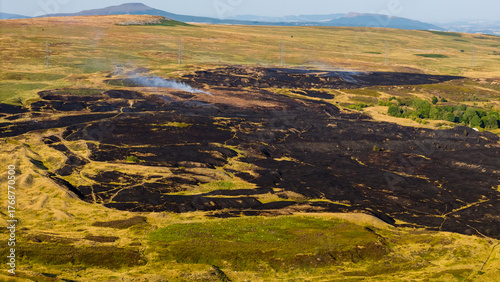 Photos Aerial drone view showing the destructive aftermath of a moorland grass fire in