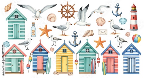 Watercolor beach huts seagulls anchors and nautical elements