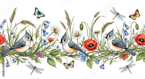 Watercolor border of birds poppies and butterflies in a meadow