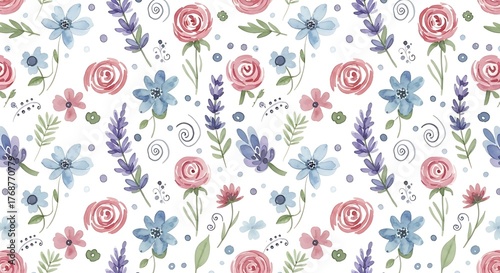 Fototapeta Naklejka Na Ścianę i Meble -  Delicate watercolor floral pattern with roses and lavender