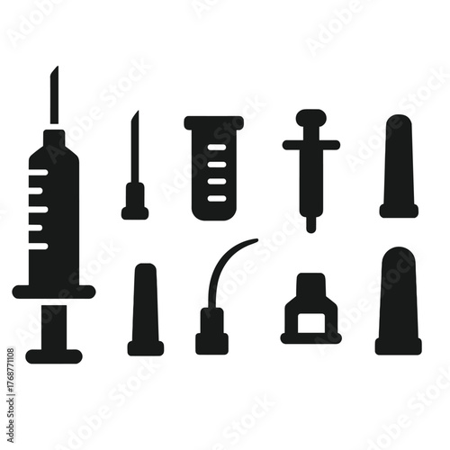 Black silhouette collection of medical syringes and needles on gray background