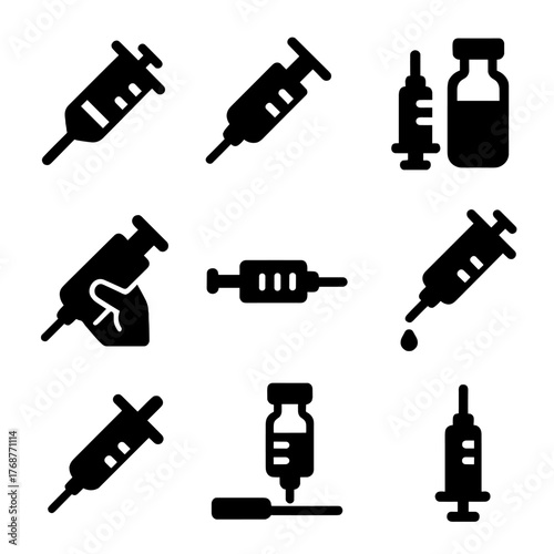 Medical syringe icons set on dark background for healthcare designs