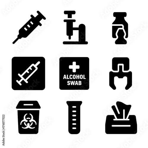 Medical equipment icons set: syringe, alcohol swab, biohazard, test tube