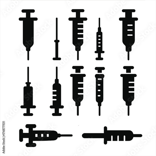 Black syringe icons collection: medical tools and healthcare equipment