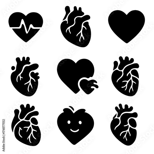 Heart icons set: cardiovascular health, anatomy, and emotions
