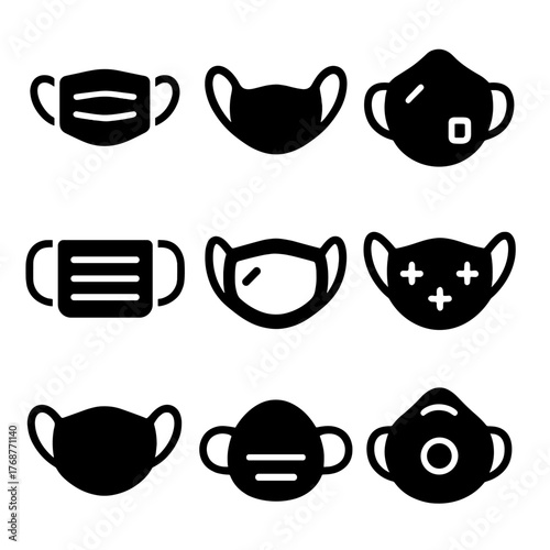 Collection of black face mask icons on dark background