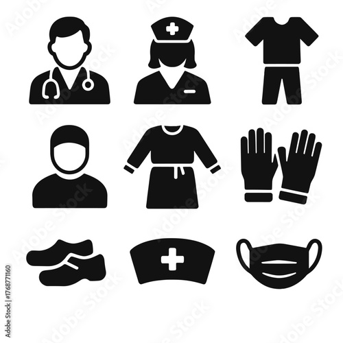 Medical icons: doctor, nurse, equipment, apparel, healthcare symbols