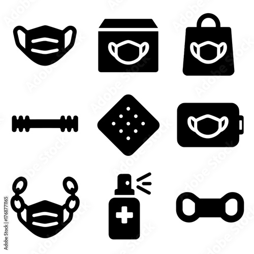 Protective icon set featuring masks, sanitizer, and hygiene accessories