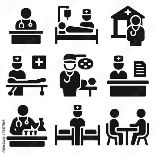 Minimalistic medical icon set representing healthcare and hospital services