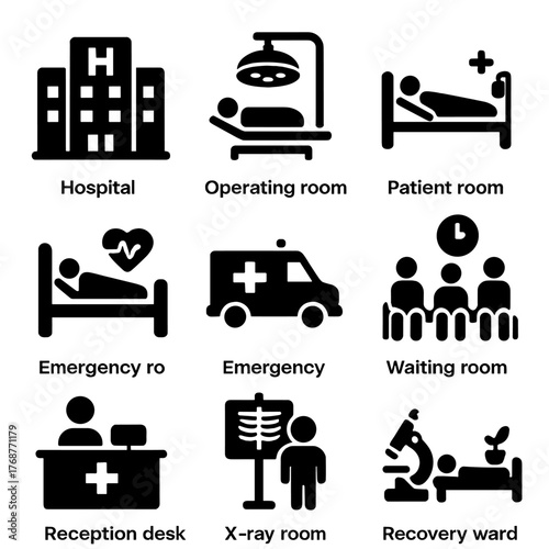 Hospital and medical facility icons illustrating healthcare and emergency services