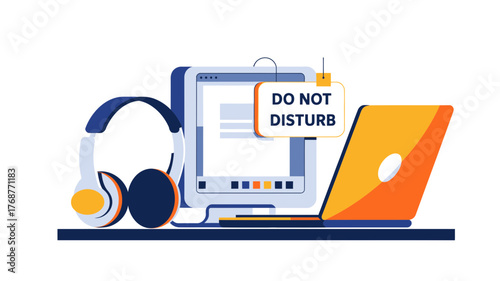 Modern home office setup with laptop tablet headphones and do not disturb sign for focused work