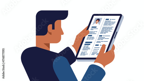 Man reviewing his professional resume on a tablet computer screen with a white background