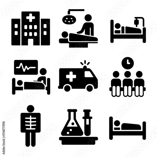 Medical icons set featuring hospital, ambulance, and patient symbols