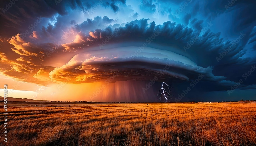 Obraz premium A powerful supercell storm with lightning over a golden field at sunset.