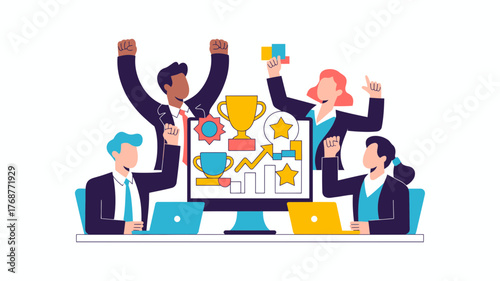 Diverse business team celebrating success and achievement with trophies and awards displayed on a computer screen