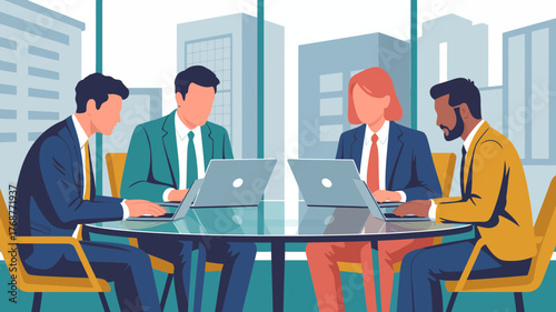 Diverse group of business professionals collaborating around a circular table with laptops in a modern office setting