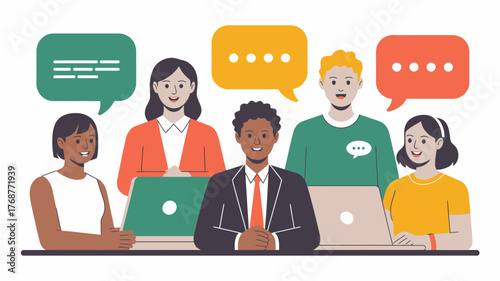 Diverse group of people communicating and collaborating online with speech bubbles and laptops representing virtual meetings and discussions