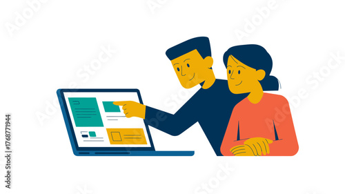Two people looking at a laptop screen together discussing a project or presentation with a modern flat design style