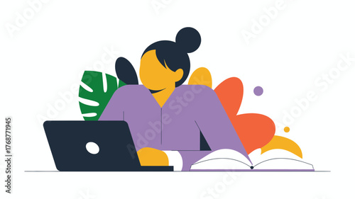 Young woman with dark hair in a bun working on a laptop with an open book and colorful abstract shapes