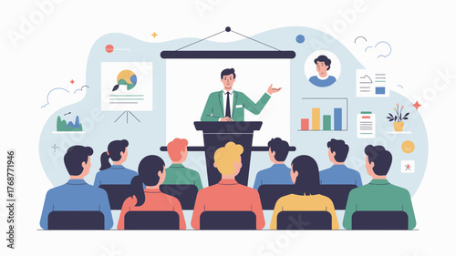 Dynamic speaker addresses engaged audience at business conference presenting information on large screen