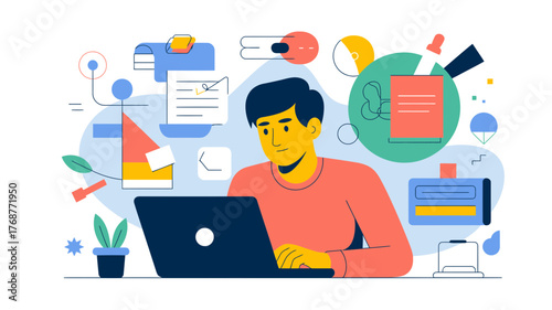 Focused young man working on a laptop surrounded by abstract business planning and organizational elements