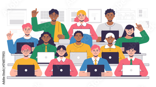 Diverse group of students and educators engaged in learning and discussion in a modern classroom setting with laptops