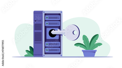 Digital data security concept with server rack and keyhole symbolizing access control and protection
