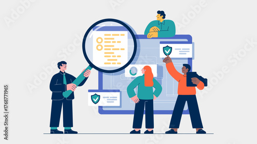 Diverse team of professionals collaborating on digital security and data protection with magnifying glass and shield icons