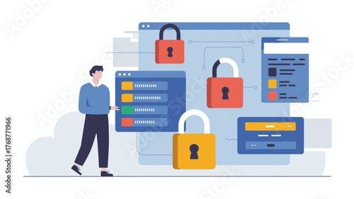 Man standing near digital screens with locked and unlocked padlocks representing cybersecurity and data protection concepts