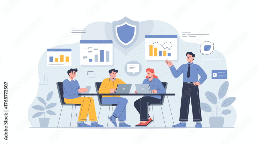 Obraz premium Diverse team collaborating on data analysis and cybersecurity strategy in a modern office setting